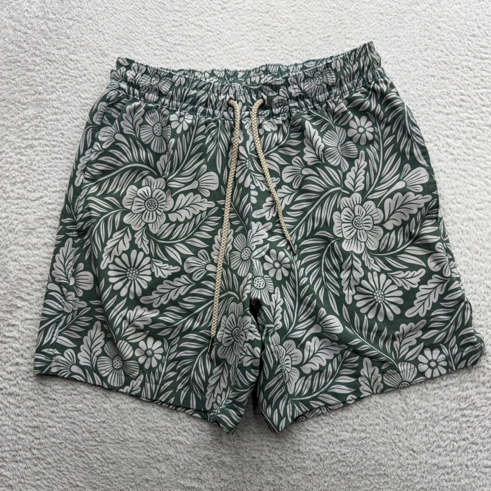 Fair Harbor Mens Green Floral Print Swim Trunks Board Shorts Size Medium